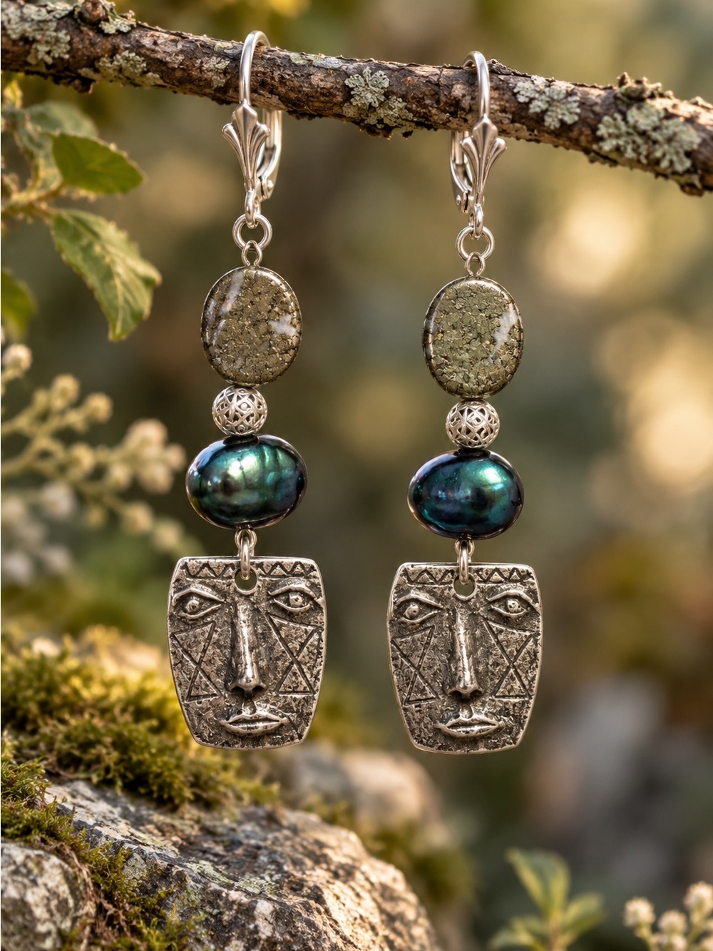 Handmade Pyrite, Peacock Freshwater Pearl Sterling Silver Artisan Earrings
